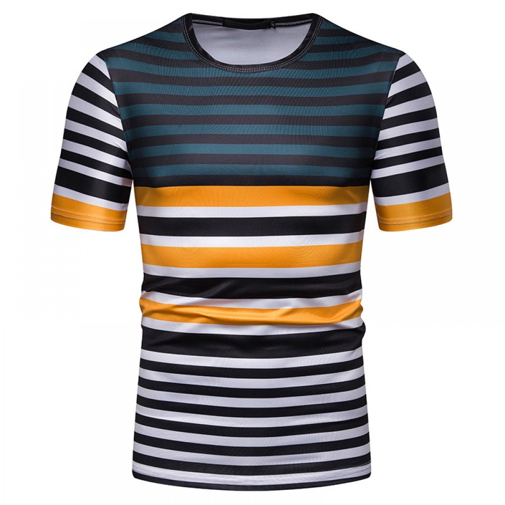 New Summer Men's Short-Sleeved T-Shirt Men's Contrast Striped Slim Casual T-Shirt